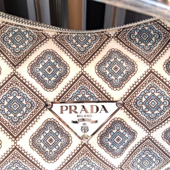 Vintage RARE Prada Hobo Handbag Blue Brown Paisley Nylon Leather Trim Medium - Picture 3 of 16
